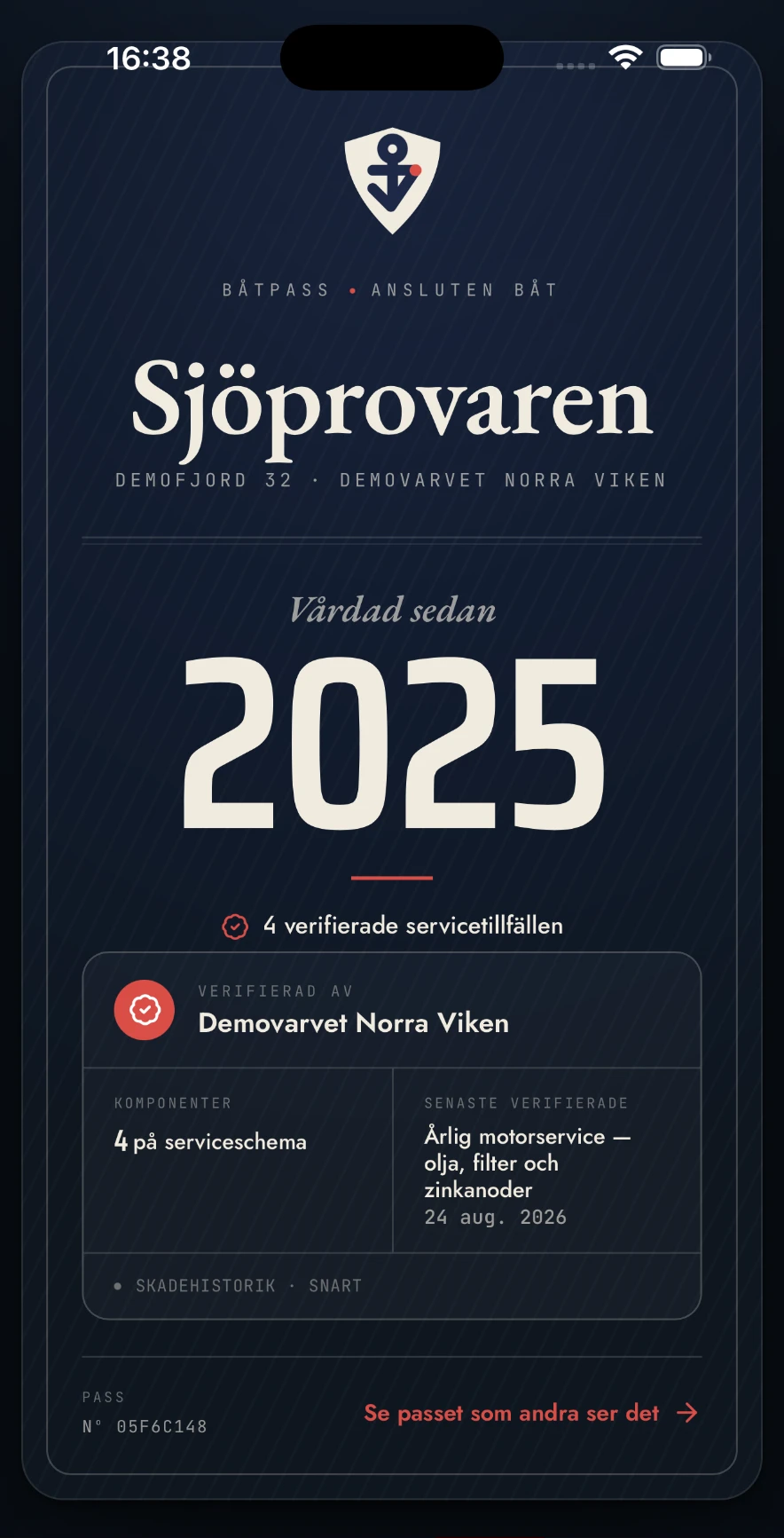 Båtpasset — båtens historik, intygad av varvet.